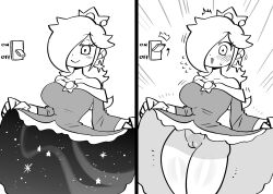 Rule 34 | 1girl, blush, cleft of venus, clothes lift, crown, dress, dress lift, embarrassed, hair over one eye, highres, hiryou man (crap-man), legs, mario (series), monochrome, nintendo, no panties, one eye covered, pussy, rariatto (ganguri), rosalina, super mario galaxy, surprised, thighs