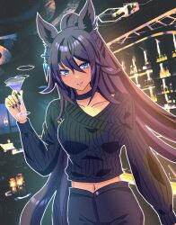 Rule 34 | 1girl, alcohol, alternate costume, animal ears, bar (place), black choker, black hair, black nails, black pants, black sweater, blue eyes, breasts, choker, cocktail glass, collarbone, commentary request, cowboy shot, cropped sweater, cup, dark-skinned female, dark skin, drinking glass, earrings, glass bottle, holding, holding cup, horse ears, horse girl, indoors, jewelry, long hair, long sleeves, looking at viewer, medium breasts, midriff, nail polish, navel, pants, ponytail, remi-yuka-taimama, ribbed sweater, shelf, single earring, smile, solo, sweater, symboli kris s (umamusume), umamusume, very long hair