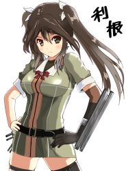 Rule 34 | 10s, 1girl, adapted costume, bob cut, breasts, brown eyes, brown hair, dress, elbow gloves, gloves, hair between eyes, hair ribbon, kantai collection, long hair, looking at viewer, medium breasts, naname (plot0825), ribbon, short dress, single elbow glove, single thighhigh, smile, solo, thighhighs, tone (kancolle), twintails