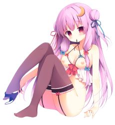 Rule 34 | 1girl, alternate hairstyle, babydoll, black panties, blush, bow, breastless clothes, breasts, crescent, crescent hair ornament, double bun, garter straps, hair bow, hair ornament, hair ribbon, izumiyuhina, looking at viewer, mouth hold, nipples, panties, panties around leg, patchouli knowledge, purple hair, ribbon, simple background, solo, thighhighs, touhou, underwear, underwear only, white background