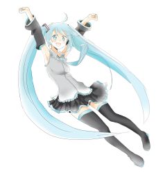Rule 34 | 1girl, :d, ahoge, aqua eyes, aqua hair, armpits, arms up, bad id, bad pixiv id, boots, detached sleeves, hatsune miku, highres, long hair, nakajima ai, necktie, open mouth, simple background, skirt, smile, solo, thigh boots, thighhighs, twintails, very long hair, vocaloid, white background