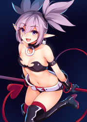 Rule 34 | 1girl, :d, armband, bare shoulders, belt, black footwear, black gloves, boots, breasts, collar, cosplay, disgaea, elder spear, etna (disgaea), etna (disgaea) (cosplay), facial mark, fang, gloves, highres, kaleina (ricegnat), midriff, navel, open mouth, original, pointy ears, purple eyes, purple hair, red thighhighs, ricegnat, short shorts, shorts, simple background, small breasts, smile, solo, strapless, thigh boots, thighhighs, thighhighs under boots, tube top, twintails