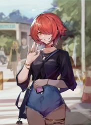Rule 34 | absurdres, arknights, bag, black shirt, blouse, blurry, blurry background, bracelet, charm (object), chinese commentary, choker, denim, denim shorts, dog tags, exusiai (arknights), eyes visible through hair, highres, holding, holding phone, jewelry, nail polish, phone, qingfeng canying, red choker, red eyes, red hair, red nails, ring, shirt, short shorts, shorts, shoulder bag, smile, thigh strap, waving