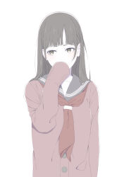 Rule 34 | 1girl, arm at side, black hair, black sailor collar, blunt bangs, blush, brown eyes, buttons, cardigan, commentary request, covering own mouth, hand up, highres, long hair, long sleeves, looking away, looking to the side, natuich, neckerchief, original, pale color, purple cardigan, red neckerchief, sailor collar, school uniform, serafuku, simple background, sleeves past fingers, sleeves past wrists, solo, straight hair, upper body, white background