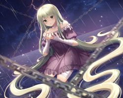Rule 34 | 1girl, absurdly long hair, absurdres, bad id, bad pixiv id, bandaged arm, bandaged leg, bandages, bare shoulders, blonde hair, blurry, blurry foreground, chain, collarbone, commentary request, depth of field, dress, ecu8080, fingernails, frilled dress, frills, gradient hair, green eyes, green hair, hair between eyes, hands up, highres, huge filesize, lightning, long hair, multicolored hair, night, night sky, off-shoulder dress, off shoulder, original, parted lips, puffy short sleeves, puffy sleeves, purple dress, rain, ripples, short sleeves, sky, solo, star (sky), starry sky, very long hair, water