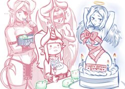 Rule 34 | ..., 4girls, angel, angel wings, armband, armpits, arms behind head, birthday cake, blunt bangs, breasts, butter knife, cake, candle, choker, commentary, demon girl, demon horns, demon mom (iahfy), demon tail, demon wings, earrings, english commentary, eyepatch, food, fork, halo, happy birthday, highres, holding, holding fork, holding knife, holding spoon, horns, iahfy, jewelry, knife, large breasts, long hair, long sleeves, lucia (iahfy), mother and daughter, multiple girls, navel, open mouth, original, pointy ears, ponytail, pout, short hair, siblings, sisters, sketch, spoon, synth (iahfy), taiko (iahfy), tail, teeth, wings, yuri