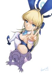 Rule 34 | 1boy, 1girl, animal ears, ass, black shirt, blonde hair, blue archive, blue bow, blue leotard, bow, breasts, dated, detached collar, fake animal ears, fake tail, hair bow, halo, highres, kyougoku hasu, leotard, long hair, medium breasts, official alternate costume, pants, playboy bunny, rabbit ears, rabbit tail, shirt, sideboob, signature, simple background, sitting, sitting on person, strapless, strapless leotard, tail, toki (blue archive), toki (bunny) (blue archive), v, very long hair, white background, white pants, wrist cuffs