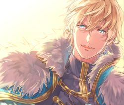 Rule 34 | 1boy, armor, blonde hair, blue cape, blue eyes, cape, collared cape, eyebrows, fate/extra, fate/grand order, fate (series), fur collar, gawain (fate), inami, knight, knights of the round table (fate), looking at viewer, male focus, open mouth, short hair, solo, upper body