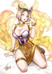 Rule 34 | 1girl, absurdres, ahri (league of legends), animal ears, arm support, bare shoulders, blonde hair, bracelet, breasts, brown hair, cleavage, collarbone, commentary request, facial mark, fox ears, fox tail, hand up, highres, jewelry, k/da (league of legends), k/da ahri, k/da ahri prestige edition, kneeling, large breasts, league of legends, multicolored hair, multiple tails, official alternate costume, parted bangs, saliva, short hair, simple background, solo, tail, teeth, tongue, tongue out, two-tone hair, wei miao, whisker markings, white background