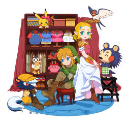 Rule 34 | 2boys, 2girls, ^ ^, animal crossing, armor, bird, blonde hair, blue eyes, blush, blush stickers, boots, bow, box, bracer, braid, brown footwear, brown gloves, brown headwear, brown overalls, brown pants, cabbie hat, cappy (mario), closed eyes, closed mouth, clothes hanger, clothes lift, commentary, creatures (company), crown, crown braid, curtains, dated, dress, ear bow, earrings, emolga, english commentary, fingerless gloves, flying, forehead, game freak, gen 1 pokemon, gen 3 pokemon, gen 5 pokemon, gloves, green eyes, green headwear, green shirt, green tunic, hair between eyes, hair ornament, hairclip, hat, hedgehog girl, highres, jewelry, kicks (animal crossing), kirby, kirby (series), layered sleeves, link, long sleeves, mabel able (animal crossing), mario (series), medium hair, multiple boys, multiple girls, nintendo, open mouth, overalls, pants, parted bangs, pikachu, pink bow, pink dress, pointy ears, pokemon, pokemon (creature), princess zelda, red eyes, red headwear, rutiwa, scraggy, shirt, short hair, short over long sleeves, short sleeves, shoulder armor, sidelocks, simple background, sitting, skirt, skirt lift, skunk boy, smile, standing, stool, super mario odyssey, taillow, the legend of zelda, the legend of zelda: a link between worlds, the legend of zelda: breath of the wild, triforce, triforce earrings, tunic, vambraces, wardrobe, white background, white dress, yellow shirt