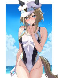 Rule 34 | 1girl, animal ears, black choker, blue sky, breasts, brown hair, cheval grand (umamusume), choker, closed mouth, cloud, collarbone, commentary request, competition swimsuit, day, ears through headwear, gloves, hair between eyes, hat, highres, horse ears, horse girl, horse tail, looking at viewer, medium breasts, ocean, one-piece swimsuit, outdoors, short hair, single glove, sky, solo, swimsuit, tail, thighs, tsukiyuki mike, umamusume, white gloves, white hat, white one-piece swimsuit