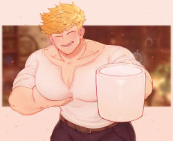Rule 34 | 1boy, absurdres, bara, belt, black pants, blonde hair, blush, brown belt, closed eyes, commission, cup, duplicate, falling petals, granblue fantasy, highres, holding, holding cup, large pectorals, male focus, milk, muscular, muscular male, open mouth, pants, pectoral cleavage, pectoral lift, pectorals, petals, pixel-perfect duplicate, puffy chest, rapbitan, shirt, short hair, smile, solo, vane (granblue fantasy), white shirt