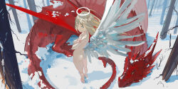 Rule 34 | 1girl, angel, angel wings, aqua eyes, ass, blonde hair, completely nude, dragon, forest, halo, highres, long hair, nature, nude, original, red scales, snow, tree, tss-mire, western dragon, wings
