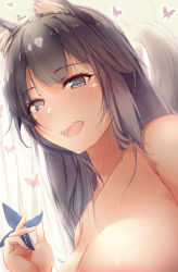 Rule 34 | 1girl, animal ear fluff, animal ears, azur lane, black eyes, black hair, blush, breasts, bug, butterfly, collarbone, commentary request, completely nude, dermar, fox ears, fox tail, heart, heart-shaped pupils, highres, insect, large breasts, looking at viewer, multiple tails, nude, open mouth, shinano (azur lane), smile, solo, symbol-shaped pupils, tail, teeth, upper body