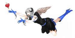 1girl angel_wings blue_eyes boots dress female_focus full_body gloves high_heels horns knee_boots original ribbon shoes silver_hair simple_background solo v8 white_background wings