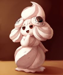 Rule 34 | :o, alcremie, alcremie (other sweet), alcremie (vanilla cream), brown background, brown eyes, cookie, creatures (company), dessert, eyelashes, food, full body, game freak, gen 8 pokemon, half-closed eyes, hand up, looking at viewer, nintendo, no humans, open mouth, outta sync, pokemon, pokemon (creature), pokemon swsh, simple background, smile, solo, standing, wide hips