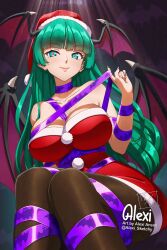 1girl absurdres alexi_ansell black_pantyhose blunt_bangs christmas darkstalkers dress hat head_wings highres hime_cut looking_at_viewer morrigan_aensland pantyhose purple_ribbon ribbon santa_costume santa_dress santa_hat smile solo wings