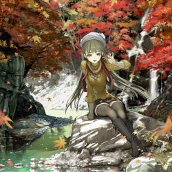 Rule 34 | 1girl, arm support, autumn, black thighhighs, blush, boots, hat, jewelry, knee boots, leaf, legs, long hair, maple leaf, nakabayashi reimei, nature, necklace, open mouth, original, panties, pantyshot, river, rock, scarf, scenery, silver hair, sitting, sitting on rock, skirt, smile, solo, stream, sweater, thighhighs, underwear, upskirt, water, waterfall, zettai ryouiki