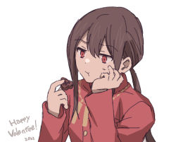 Rule 34 | 1boy, 2022, :t, brown hair, chocolate, closed mouth, eating, fate/grand order, fate (series), food, hair between eyes, happy valentine, highres, holding, holding food, koha-ace, long hair, long sleeves, low ponytail, male focus, oda nobukatsu (fate), ponytail, red eyes, red shirt, shirt, simple background, solo, tachitsu teto, upper body, white background