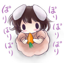 Rule 34 | 1girl, :3, animal ears, blush, brown hair, carrot, chewing, chibi, eating, female focus, full body, inaba tewi, rabbit ears, simple background, solo, standing, touhou, yume shokunin, | |