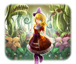Rule 34 | 1girl, blonde hair, blue eyes, bow, bug, carnivorous plant, caterpillar, dress, female focus, flower, fly, forest, hair bow, hairband, head tilt, insect, layered dress, leaf, leg up, legs, long hair, looking at viewer, mushroom, nature, open mouth, original, outdoors, outline, outstretched arms, pantyhose, pink flower, pitcher plant, plant, polka dot, polka dot legwear, puffy sleeves, purple bow, purple pantyhose, ribbon, short sleeves, skirt, smile, solo, standing, standing on one leg, ume (illegal bible), venus flytrap, wavy hair, white background, wings