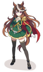 Rule 34 | 1girl, animal ears, ascot, black footwear, black thighhighs, brown hair, cape, earrings, epaulettes, full body, gloves, green jacket, green skirt, hand on own hip, horse ears, horse girl, horse tail, jacket, jewelry, long hair, looking at viewer, mauve, multicolored hair, purple eyes, red cape, side cape, single earring, single epaulette, skirt, solo, streaked hair, symboli rudolf (umamusume), tail, thighhighs, umamusume, very long hair, white ascot, white gloves, white hair