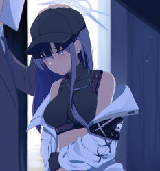 Rule 34 | 1boy, 1girl, armband, baseball cap, black gloves, black hair, blue archive, blurry, commentary request, depth of field, eko, gloves, grey eyes, hair between eyes, halo, hand on own hip, hat, headpat, highres, hood, hooded coat, long hair, long sleeves, looking at another, midriff, multicolored hair, parted lips, saori (blue archive), sensei (blue archive), sidelocks, two-tone hair