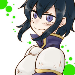 Rule 34 | 1girl, armor, black hair, blush, breastplate, collared shirt, earrings, fire emblem, fire emblem: genealogy of the holy war, fire emblem heroes, jewelry, larcei (fire emblem), looking to the side, mityo, nintendo, pauldrons, purple eyes, purple shirt, shirt, short hair, shoulder armor, simple background, smile, solo, tomboy, white armor
