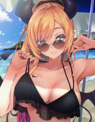 Rule 34 | 1girl, absurdres, bare arms, bare shoulders, beach, beach umbrella, bikini, black bikini, black nails, blonde hair, blue eyes, breasts, cleavage, collarbone, commentary request, day, demon girl, demon horns, demon tail, demon wings, grin, hands up, highres, hololive, horns, large breasts, long hair, looking at viewer, makinan, multi-strapped bikini, multicolored hair, nail polish, outdoors, parted lips, purple hair, smile, solo, strap pull, sunlight, swept bangs, swimsuit, tail, tail raised, umbrella, upper body, virtual youtuber, wings, yuzuki choco, yuzuki choco (hololive summer 2019)
