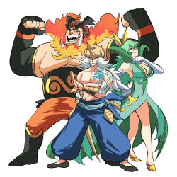 Rule 34 | 1girl, 2boys, animal ears, black gloves, breasts, brown hair, cleavage, creatures (company), dress, elbow gloves, emboar, fingerless gloves, flexing, game freak, gen 5 pokemon, gloves, green dress, green hair, helmet, highres, holding, holding sword, holding weapon, large breasts, long hair, looking at viewer, looking down, multiple boys, multiple girls, muscular, nintendo, personification, pokemon, pokemon bw, red eyes, samurott, serperior, starter pokemon trio, sword, tina fate, topless male, very long hair, weapon, white hair