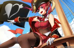 Rule 34 | 1girl, artist name, ascot, breasts, brown thighhighs, coat, eyepatch, fangs, flag, gloves, gradient hair, hair ribbon, hat, hololive, houshou marine, leotard, leotard under clothes, long hair, medium breasts, multicolored hair, open mouth, pirate hat, pirate ship, pleated skirt, pokey, red ascot, red eyes, red hair, red ribbon, ribbon, see-through, ship, skirt, solo, thighhighs, twintails, very long hair, virtual youtuber, watercraft, white gloves, zettai ryouiki