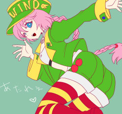 Rule 34 | 1990s (style), 1girl, ass, blue eyes, boots, braid, hat, jacket, long hair, looking back, open mouth, pink hair, psychic force, retro artstyle, shorts, single braid, smile, solo, striped clothes, striped thighhighs, taito, thighhighs, very long hair, wendy ryan, yk (waikeee)