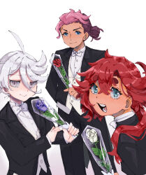 Rule 34 | 1boy, 2girls, ahoge, alternate hairstyle, bow, bowtie, flower, formal, green eyes, grey eyes, guel jeturk, gundam, gundam suisei no majo, hair bun, hair down, highres, holding, holding flower, i7go34, jacket, long hair, looking at viewer, miorine rembran, multiple girls, open mouth, pants, pink hair, red hair, rose, simple background, smile, suit, suletta mercury, teeth, thick eyebrows, tuxedo, white background, white hair