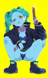 Rule 34 | 1girl, absurdres, aqua hair, arm rest, artificial eye, black footwear, black jacket, bra, breasts, cleavage, collarbone, colored sclera, colored skin, cyberpunk (series), cyberpunk edgerunners, cyborg, finger on trigger, full body, glint, green eyes, gun, hand up, handgun, head tilt, high collar, highres, holding, holding gun, holding weapon, jacket, leg tattoo, lips, long hair, long sleeves, looking at viewer, mechanical eye, neck tattoo, open mouth, panties, pink tattoo, purple bra, purple lips, purple panties, rebecca (cyberpunk), red pupils, red sclera, samurai jacket (cyberpunk), shoes, simple background, small breasts, solo, sparkle, squatting, strapless, strapless bra, tattoo, teeth, thighs, tuyuri, twintails, underwear, upper teeth only, v-shaped eyebrows, weapon, white skin, yellow background