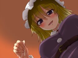 Rule 34 | 1girl, after handjob, belt, blonde hair, blush, breasts, brown belt, collared dress, commentary request, cum, cum on hands, dress, from below, gradient background, hair between eyes, hat, heart, heart-shaped pupils, highres, lap pov, looking at viewer, maribel hearn, medium breasts, mob cap, open mouth, orange background, purple dress, purple eyes, short hair, smile, solo, symbol-shaped pupils, tori (minamopa), touhou, upper body, white hat