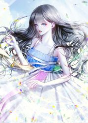 Rule 34 | 1girl, artist name, bare shoulders, black hair, blue eyes, blunt bangs, colored skin, commission, dabong, hanbok, highres, korean clothes, long hair, looking at viewer, original, outdoors, parted lips, ribbon, solo, strap slip, teeth, wavy hair, white ribbon, white skin, wind