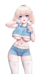Rule 34 | 1girl, absurdres, areola slip, blonde hair, blue eyes, breasts, cameltoe, crossed bangs, dolphin shorts, ella of the sky, highres, hood, hooded vest, hoodie, large breasts, last origin, looking at viewer, madan (kkh8936), open mouth, short shorts, shorts, simple background, smile, solo, sweat, sweatband, thighhighs, twintails, underboob, vest, white background