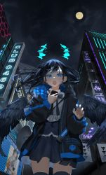 Rule 34 | 1girl, absurdres, black hair, black jacket, black skirt, black wings, blue eyes, blue nails, blue theme, building, city, collared shirt, facing viewer, feathered wings, full moon, hands up, highres, holding, holographic horns, jacket, long hair, looking at viewer, mashiro kta, moon, nail polish, neon lights, night, open mouth, original, outdoors, padded jacket, shirt, skirt, solo, thighhighs, wings