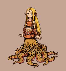 Rule 34 | 1girl, aqua eyes, belt, blonde hair, blush, brown background, expressionless, highres, long hair, momochichi77, monster girl, navel, original, pointy ears, scylla, simple background, solo, suction cups, tentacles, very long hair