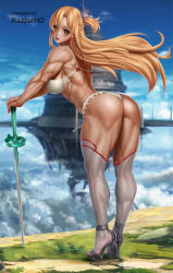 Rule 34 | 1girl, ass, asuna (sao), bra, braid, brown eyes, brown hair, commission, hands on hilt, high heels, leaning forward, long hair, looking to the side, muscular, muscular female, panties, rapier, see-through, solo, sword, sword art online, thighhighs, underwear, weapon, yiqiang
