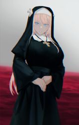 Rule 34 | 1girl, alternate costume, black dress, blonde hair, blue eyes, breasts, chromatic aberration, churururin, commentary, cross, cross necklace, dress, english commentary, habit, highres, hime hajime, jewelry, large breasts, looking down, necklace, nun, object through head, own hands together, parted lips, power symbol, screw in head, solo, traditional nun, virtual youtuber, vshojo
