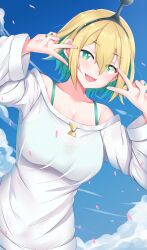 Rule 34 | 1girl, :d, absurdres, amano pikamee, breasts, collarbone, double v, green hair, hair between eyes, highres, large breasts, looking at viewer, open mouth, pixcel, sharp teeth, shirt, smile, solo, teeth, v, virtual youtuber, voms, white shirt