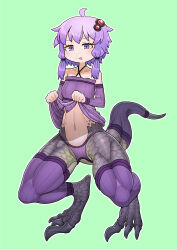 Rule 34 | 1girl, :p, absurdres, adapted costume, clothes lift, criss-cross halter, dinosaur girl, dinosaur tail, dress, dress lift, hair ornament, halter dress, halterneck, highres, holding, lifted by self, long hair, looking at viewer, midriff, monster girl, purple dress, purple eyes, purple hair, purple thighhighs, saeku 100kei, short hair with long locks, sidelocks, slit pupils, smile, solo, tail, tail sleeve, thighhighs, tongue, tongue out, voiceroid, yuzuki yukari