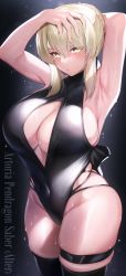 Rule 34 | 1girl, alternate breast size, alternate costume, arms behind head, arms up, artoria pendragon (all), artoria pendragon (fate), black background, black one-piece swimsuit, breasts, cleavage, cropped legs, english text, fate/grand order, fate (series), highres, hirasawa seiji, large breasts, one-piece swimsuit, platinum blonde hair, saber alter, spotlight, sweat, sweatdrop, swimsuit, thighhighs, yellow eyes