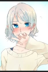 Rule 34 | 1girl, absurdres, blue eyes, blush, collarbone, commentary request, covered mouth, ear blush, grey hair, highres, kashikaze, long sleeves, looking at viewer, love live!, love live! sunshine!!, parted lips, short hair, sidelocks, simple background, sleeves past wrists, solo, sweatdrop, sweater, upper body, watanabe you, white background, white sweater