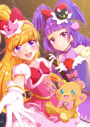 Rule 34 | 2girls, :d, absurdres, asahina mirai, bear, black gloves, black hat, blonde hair, blue eyes, bow, brown background, cowboy shot, creature, cure magical, cure miracle, gem, gloves, hair bow, hat, highres, holding hands, izayoi liko, long hair, looking at viewer, magical girl, mahou girls precure!, meimo (pixiv), mini hat, mini witch hat, mofurun (mahou girls precure!), multiple girls, oimo (oimosanshukka), open mouth, pink bow, pink hat, pink skirt, ponytail, precure, purple eyes, purple skirt, red bow, riko (mahou girls precure!), skirt, smile, star (symbol), star in eye, symbol in eye, white gloves, witch hat