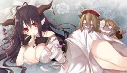 Rule 34 | 10s, 1girl, bandages, black hair, breasts, danua, doll, draph, dress, fingerless gloves, gloves, granblue fantasy, hat, horns, jewelry, large breasts, locket, long hair, necklace, ornament, pendant, red eyes, solo, very long hair, white dress