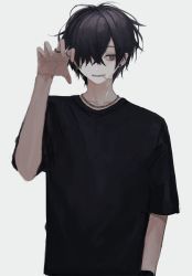 Rule 34 | 1boy, bad id, bad pixiv id, black hair, claw pose, earrings, grey background, grey eyes, grey shirt, gwen (g90z  ), hair over one eye, hand up, jewelry, looking away, looking to the side, male focus, mouth hold, necklace, one eye covered, original, ring, shirt, short sleeves, simple background, solo, t-shirt, upper body