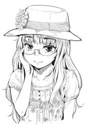 Rule 34 | 1girl, blush, casual, glasses, greyscale, hand on own face, hat, long hair, monochrome, mune, perrine h. clostermann, rimless eyewear, simple background, smile, solo, strike witches, upper body, world witches series