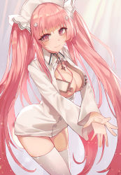Rule 34 | 1girl, arched back, azur lane, blunt bangs, breasts, breasts out, cleavage, closed mouth, commentary, covering privates, covering breasts, crossed legs, dot nose, dress shirt, eyelashes, hair ornament, hat, highres, jewelry, leaning forward, light particles, long hair, long sleeves, looking at viewer, medium breasts, necklace, nurse, nurse cap, official alternate costume, own hands together, perseus (azur lane), perseus (unfamiliar duties) (azur lane), pink hair, seemu (wnslqjdignv ), shadow, shirt, smile, solo, thighhighs, twintails, very long hair, white shirt, white thighhighs, wide sleeves, ||/
